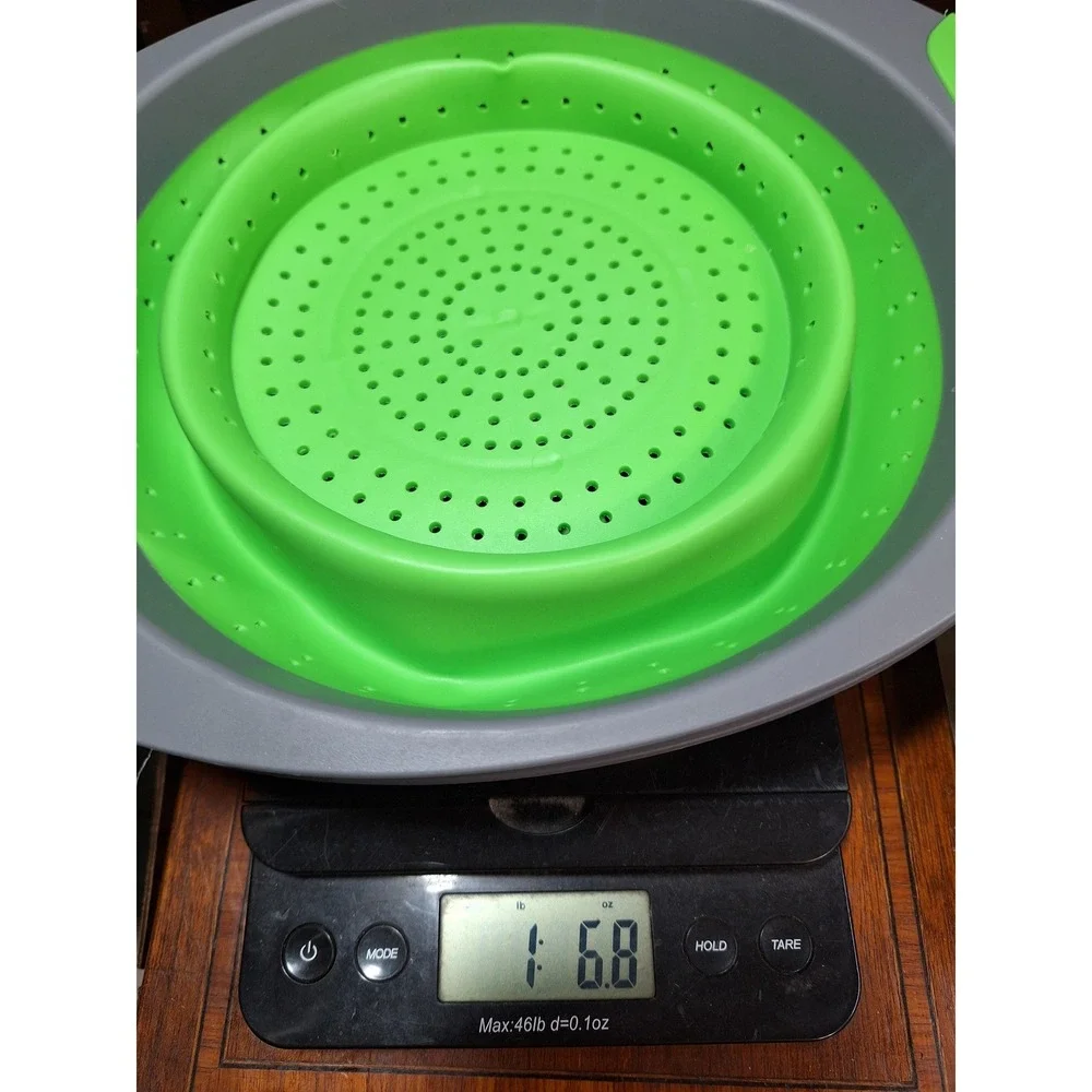 Collapsible Silicone Colander  Piece Green Grey Round Folding Strainers 3.5 qt.